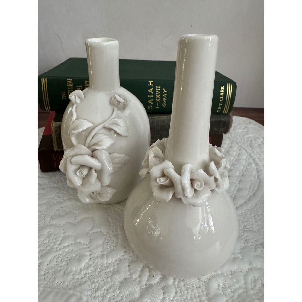 Vintage White Ceramic Bud Vases Set of 2 Applied Porcelain Roses 5.5"